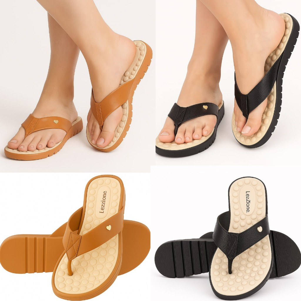 Kit 2 Pares Chinelo Feminino Tamanco Ortopedica Tratorada Confortavel Massageadora Caramelo/Preto