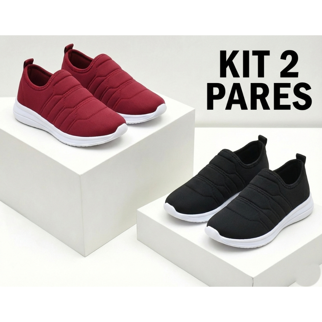 Kit 2 Tênis Feminino Calce Fácil Slip On | Confortável Flexível Esportivo Caminhada