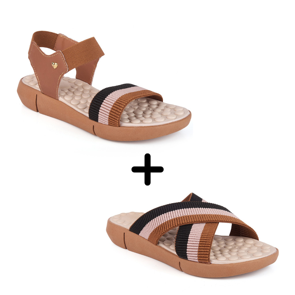 Kit 2 Pares Chinelo + Sandália Feminina Ortopédica Palmilha Massageadora Confortável Sola de Eva