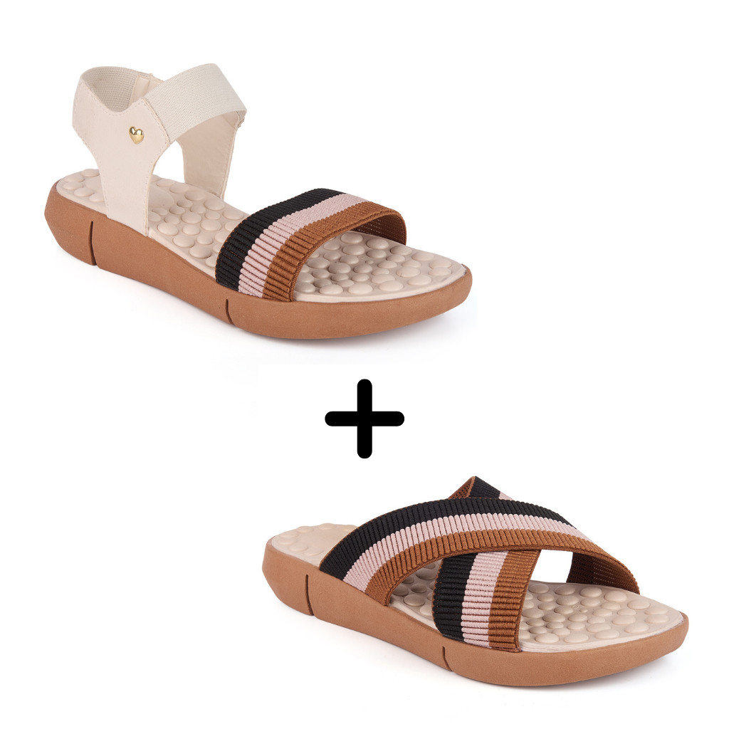Kit 2 Pares Chinelo + Sandália Feminina Ortopédica Palmilha Massageadora Confortável Sola de Eva
