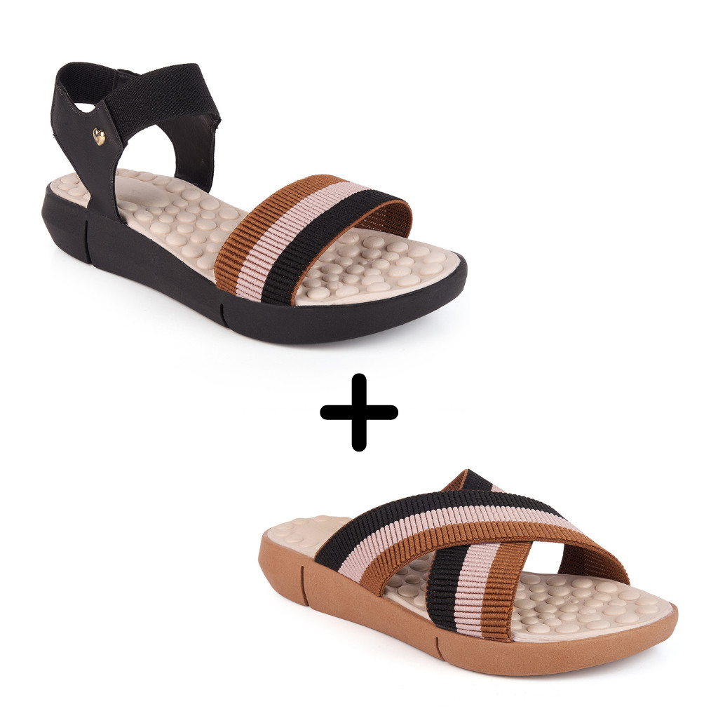 Kit 2 Pares Chinelo + Sandália Feminina Ortopédica Palmilha Massageadora Confortável Sola de Eva